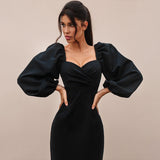 Winter Formal Dresses Autumn and Winter Sexy Low-Cut Dress Slim-Fit Puff Sleeve Dress