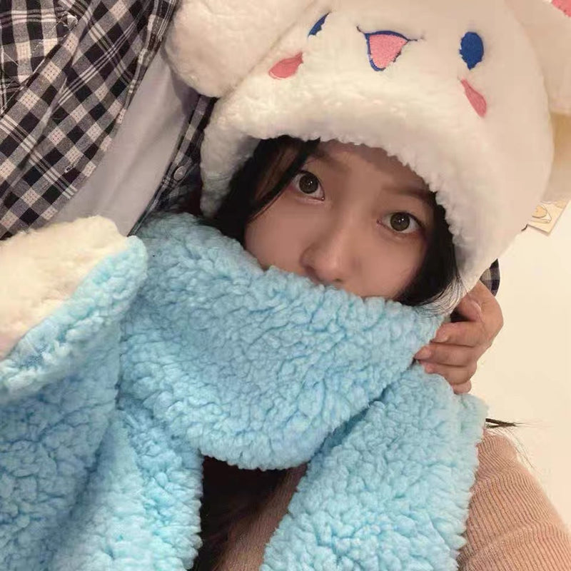 My Melody Hat Cartoon Pink Bear Melody Scarf Integrated Hat Gloves Cute Girl Heart Student Winter Warm Kulomi