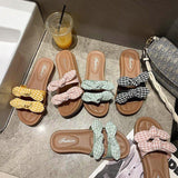 Women Open Toe Sands Flats Summer Plaid Bow Word Fashion Flat-Heeled Slippers