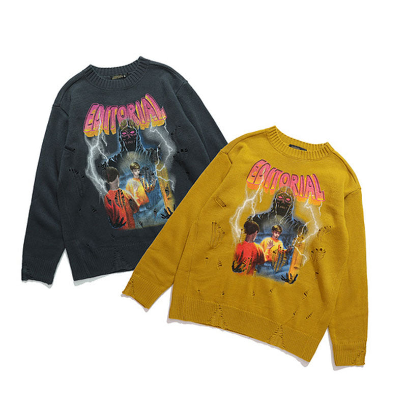 Mens Fall Outfits Autumn and Winter High Street Cartoon Graffiti Sweater Men's and Women's Retro Loose Pullover Ripped Sweater