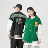 Green Varsity Jacket Vintage Coat Men's Stitching Contrast Color Loose Embroidered Baseball Jacket Men's Baseball Uniform