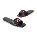 Flat Dress Sandals Low Heel Embroidered Flower Cutout Square Toe Sandals