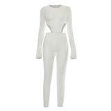 Spring Sexy round Neck Midriff Outfit Long Sleeve Slim-Fit Hollow-out Ankle-Tied Mesh Jumpsuit