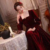 Burgundy Dresses For Wedding Autumn And Winter Long-Sleeved Red Wedding Evening Dress