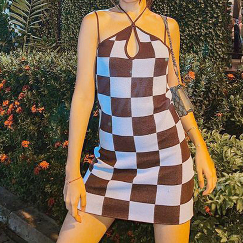 Gingham Dress Retro Sexy Backless Woolen Sheath Dress for Women