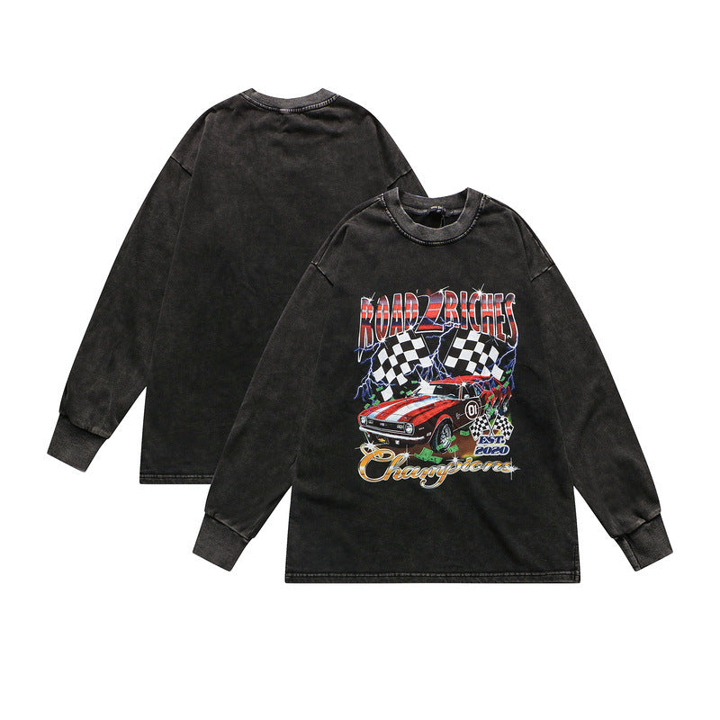 Mens Fall Outfits Retro Dark Printed Long Sleeve High Street Washed Loose Head Sweater for Men