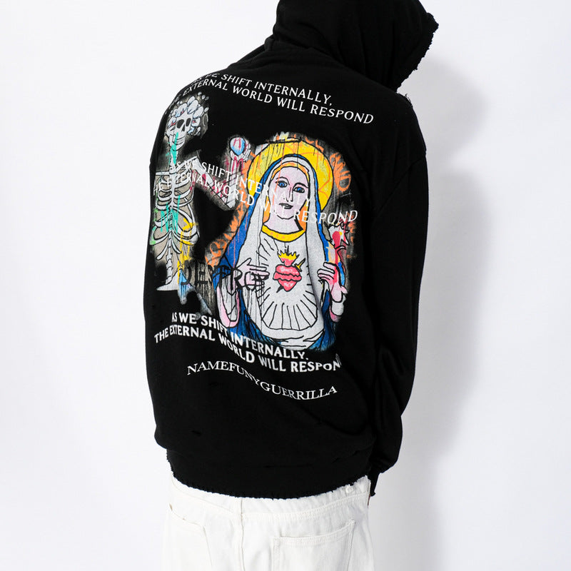 Mens Fall Outfits Graffiti Worn Looking Washed-out Hooded Sweater Male and Female Personality Loose