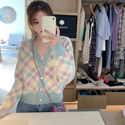 Preppy Aesthetic Sweater Knitted Cardigan Coat for Women Autumn V-neck