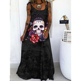 Skull Dress Spring and Summer Women's Clothing Printed Loose plus Size Lace up Dress