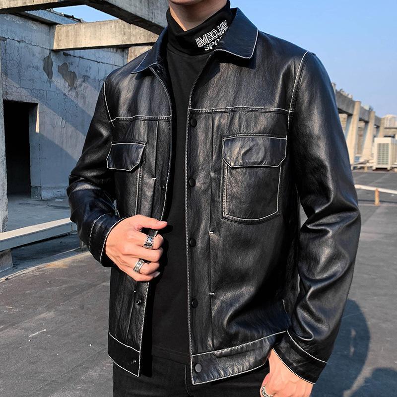 Graphic Leather Jacket Women Fall Men's Clothing Street Handsome Slim Lapel Leather Jacket Casual Motorcycle Jacket