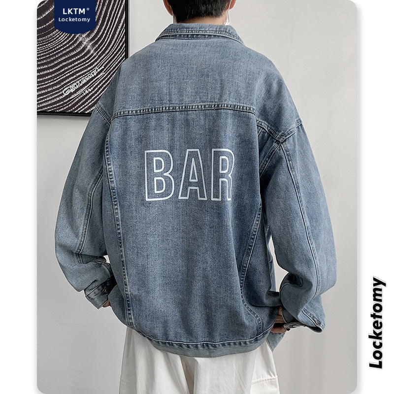 Denim Varsity Jacket Autumn and Winter Denim Jacket Men's Printed Loose Oversize Couple Jacket