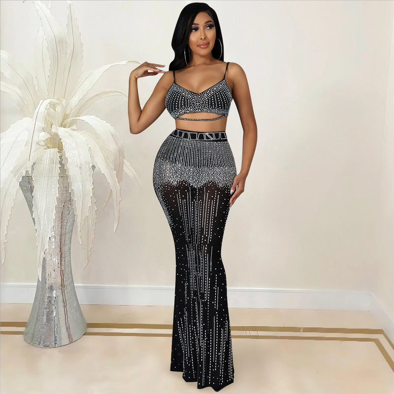 See through Pants Suit Sexy Women Clothing Nightclub Party See-through Camisole Long Dress