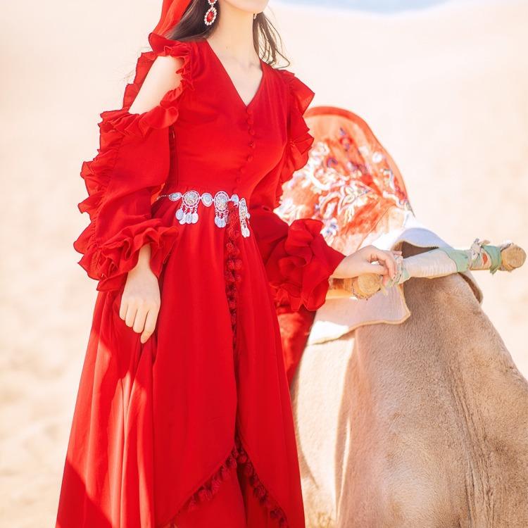 Women Cottagecore Dress Holiday Design off-the-Shoulder Red Dress Desert Long Skirt
