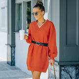 Women's Fall Outfits Sweater Women's Autumn and Winter V-neck Long Sleeve Midi Knitted Dress