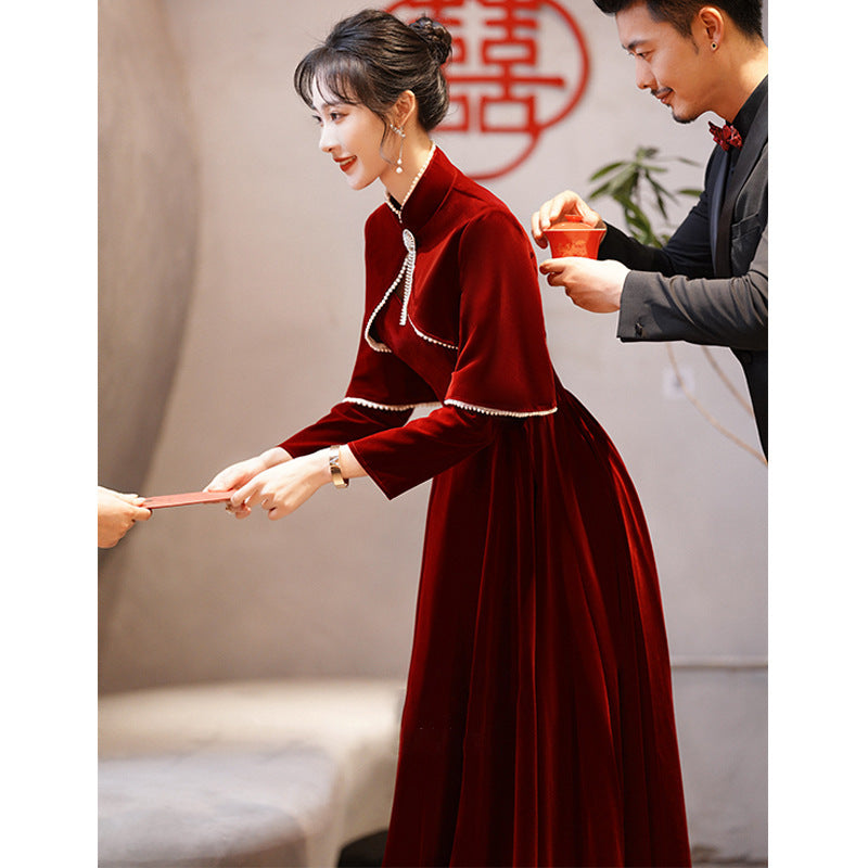 Burgundy Dresses For Wedding Winter Thick Style Red Velvet Long Sleeves Engagement Wedding Dress For Women