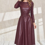 Burnt Orange Dress Autumn and Winter Leather Dress Simple round Neck Elegant Slim PU Leather Belt Dress for Women