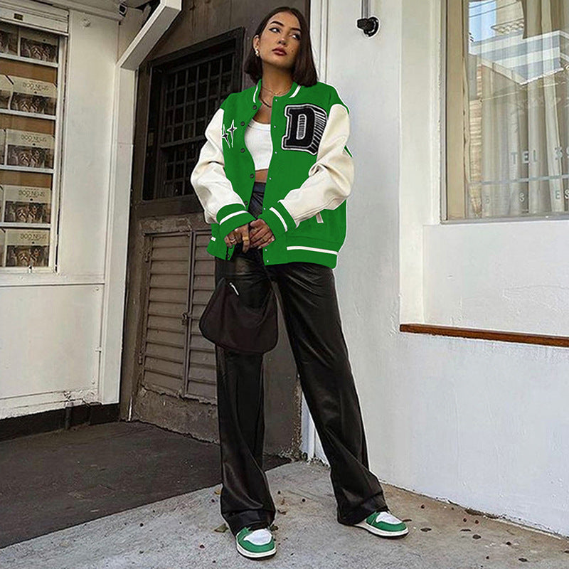 Green Varsity Jacket Color Matching Printed Leather Sleeve Baseball Uniform Jacket