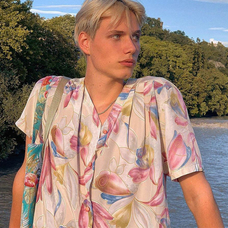 Rave Outfits Men Shirt Casual Draping Shirt Men's Flower Shirt Casual Top