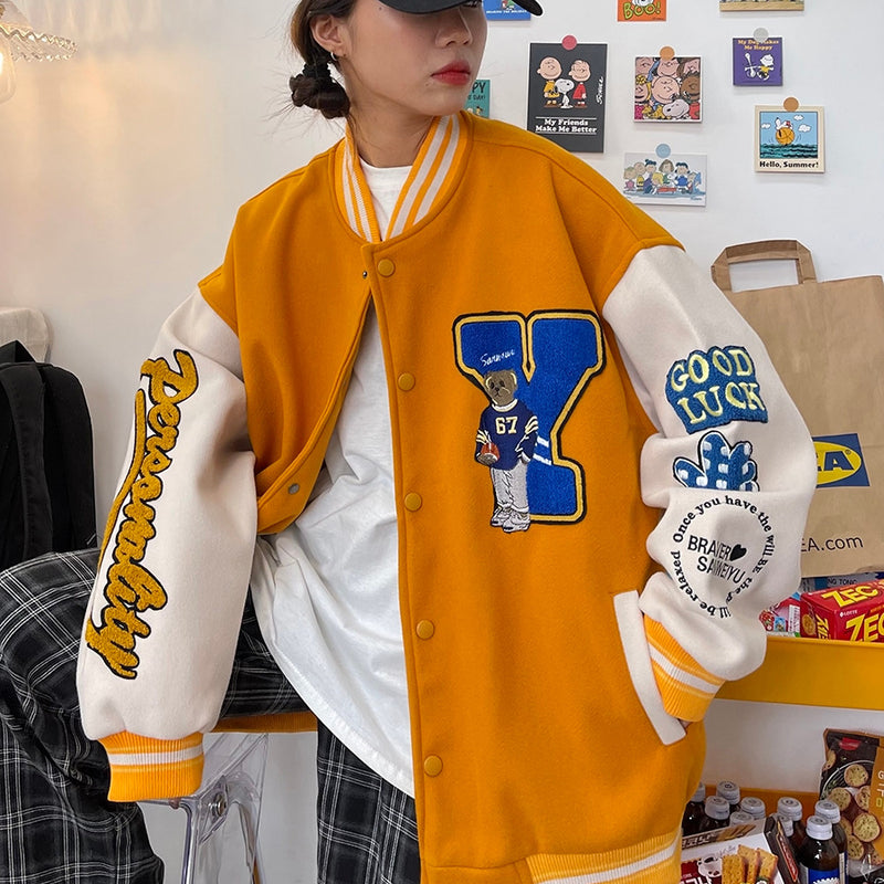 Orange Varsity Jacket Spring and Autumn Baseball Uniform Women's Jacket I Loose Student Pilot Outerwear Shirt