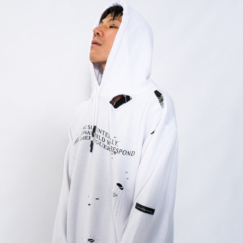 Mens Fall Outfits Graffiti Worn Looking Washed-out Hooded Sweater Male and Female Personality Loose