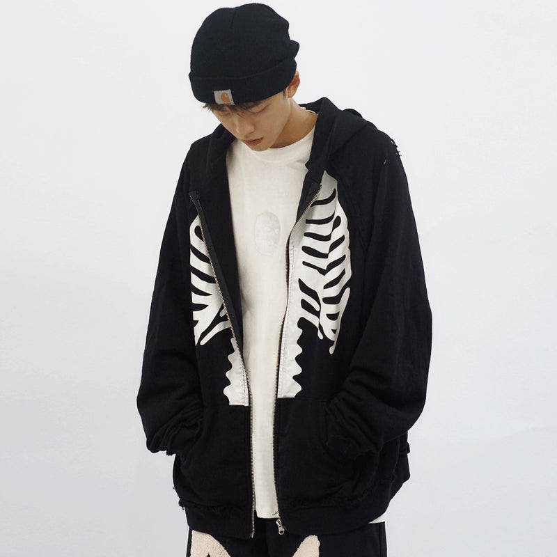Bone Varsity Jacket Printing Cardigan Hoodie Male Loose Zip Coat