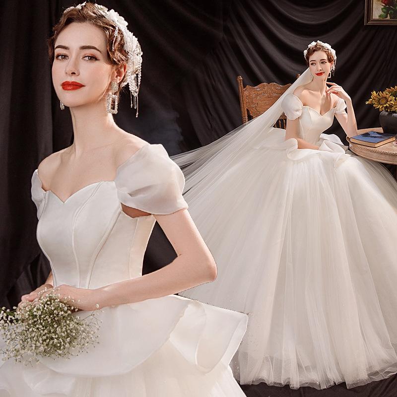 Women'S Evening Dress Ball Gown Princess Quinceanera Wedding Dresses White Slimming Simple Off-Shoulder Wedding Dress