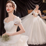 Women'S Evening Dress Ball Gown Princess Quinceanera Wedding Dresses White Slimming Simple Off-Shoulder Wedding Dress