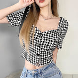 Music Festivals Rave Outfits Girls Tops Summer Women's Fashion Plaid Short Sleeve T-shirt