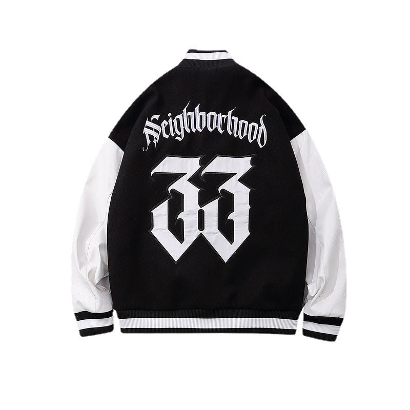 Baby Blue Varsity Jacket Black and White Stitching Embroidery Baggy Coat Men