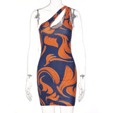 Nina Parker Graffiti Dress Sexy Cutout Slim-Fit Oblique Shoulder Sheath Dress