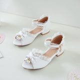 Flat Dress Sandals Summer Low Heel Peep Toe Bow Buckle Sandals for Women