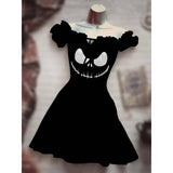 Skull Dress Digital Printing Drawstring Short Sleeve Dress Autumn