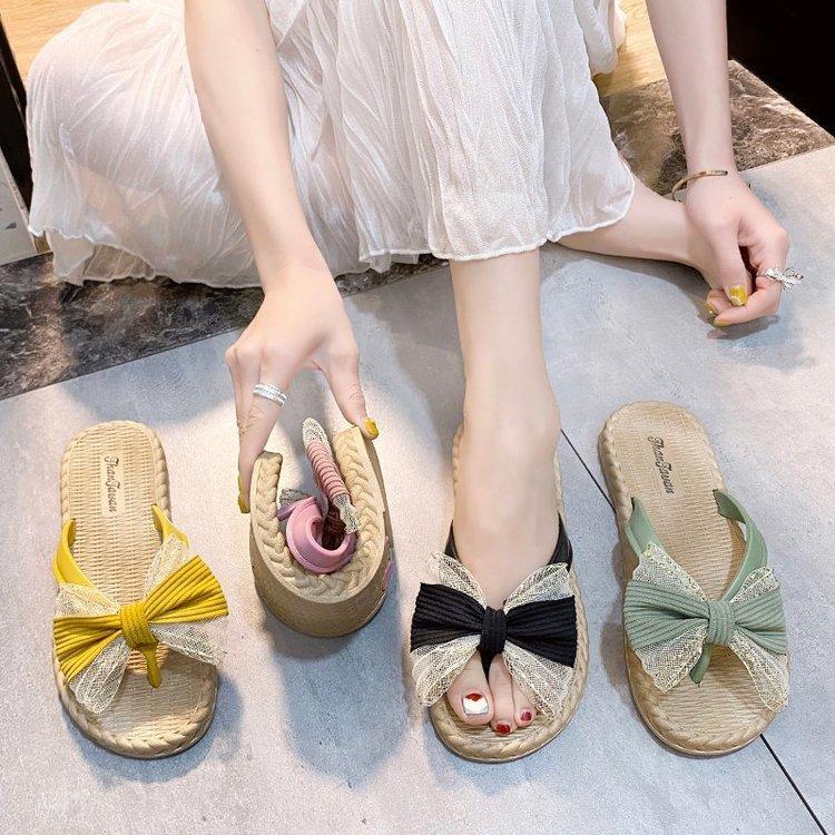 Women Open Toe Sandals Flats Summer Bowknot Flip Toe Fashion Outerwear Flip-Flops Flat Heel Beach Slippers