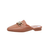 Finn Chain Pointed Toe Mule Rhinestone Bow Ferrule Half Slippers Faux Leather Women's Shoes