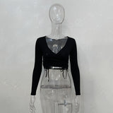 Maddy Euphoria Outfits Long Sleeve V-neck Drawstring Sexy Top T-shirt Spring and Autumn Women's Clothing