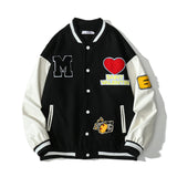 Red Varsity Jacket Vintage Love Embroidered Jacket Street Pu Stitching Cartoon Embroidery Couple Loose Baseball Uniform