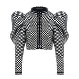 90S Fashion Court Retro Style Autumn and Winter Small Stand Collar Single-Breasted Puff Sleeve Diamond Flocking Short Coat