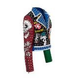 Punk Rock Jacket Blue and Red Color Matching Leather Coat