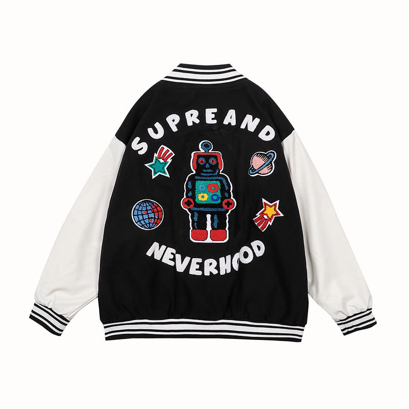 Vintage Letterman Jacket Robot Towel Embroidery Baggy Coat Men 'S And Women 'S Baseball Uniform Campus
