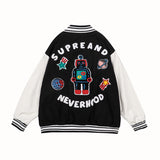 Vintage Letterman Jacket Robot Towel Embroidery Baggy Coat Men 'S And Women 'S Baseball Uniform Campus