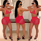 See through Pants Suit Fashion Summer Sexy Swimsuit Hot Drilling Mesh Two-Piece Set Women's Clothing