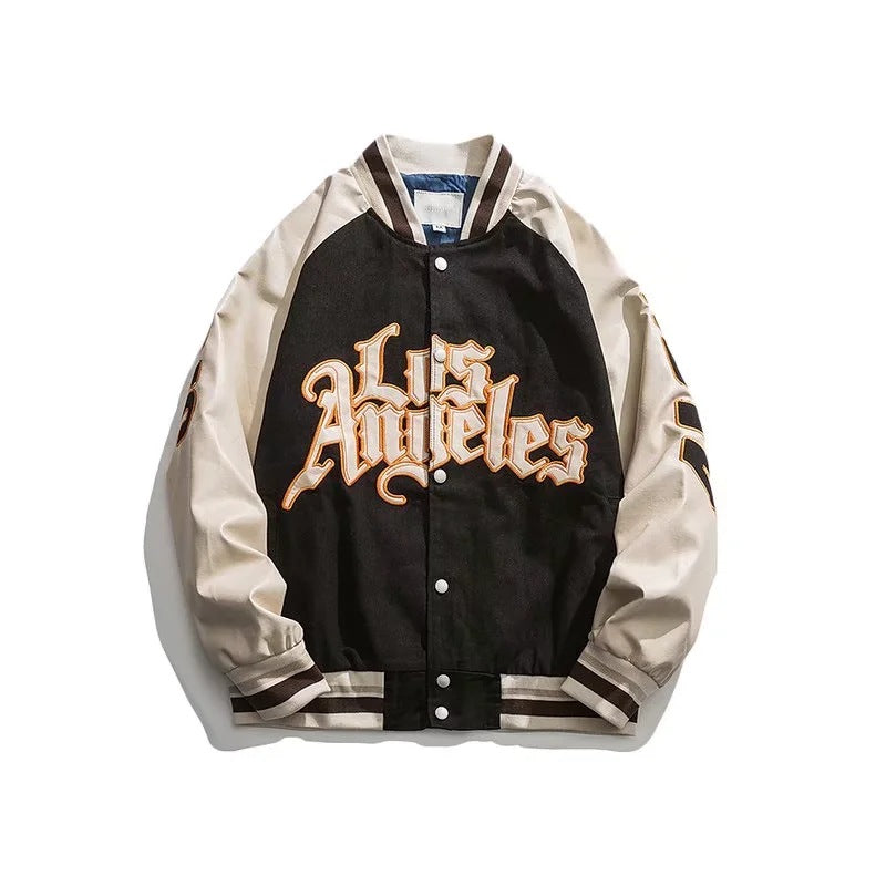 Cream Color Varsity Jacket Spring and Autumn PU Leather Stitching Baseball Uniform Jacket
