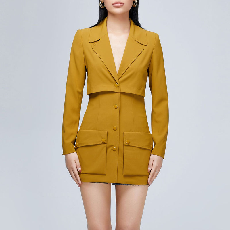 Women Spring Dress Spring and Autumn Socialite Turn-down Collar Coat Yellow Suit Coat Dress