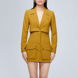 Women Spring Dress Spring and Autumn Socialite Turn-down Collar Coat Yellow Suit Coat Dress