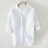 White Work Shirts Summer Stand Collar Solid Color White Youth Cotton and Linen Casual Loose Shirt