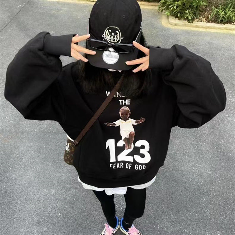 Rrr123 Hoodie Little Angel Hoodie Vintage Velvet Padded Hooded Sweatshirt