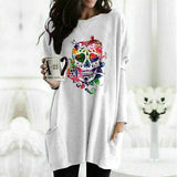 Skull Dress Casual round Neck T-shirt Women's Skull Printed Long Sleeve Loose Dress