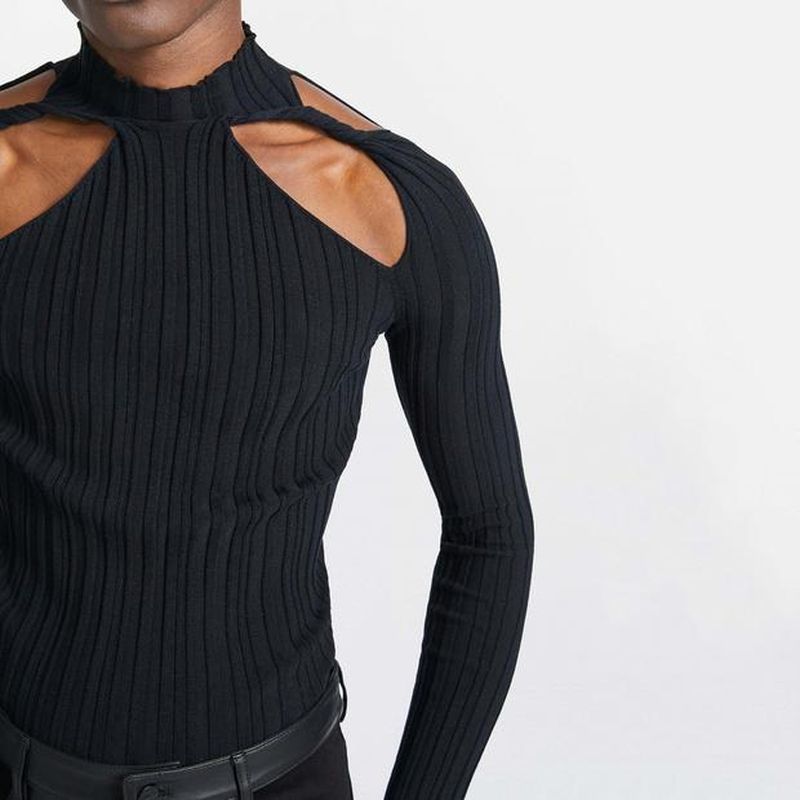 Men Rave T Shirt Sexy Black Long Sleeve T-shirt Fashion Solid Color Top