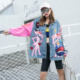 Cartoon Jeans Cardigan Women's Spring Stitching Long-Sleeved Coat Patchwork Women Denim Jacket
