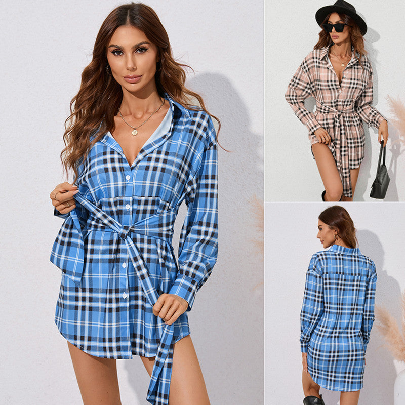 Nina Parker Graffiti Dress Plaid Tied Shirt Dress
